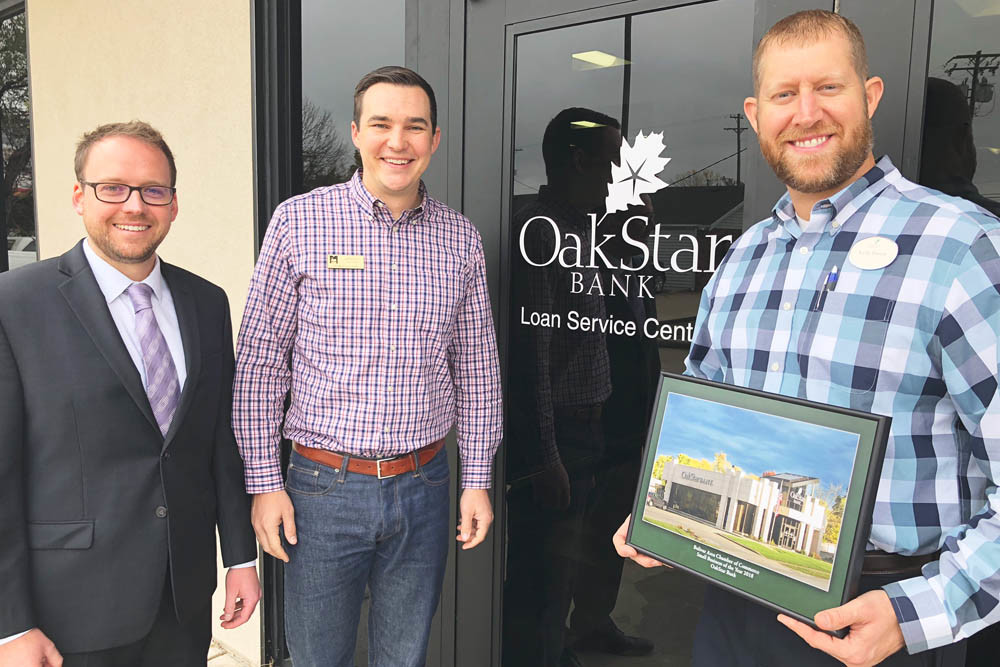 Best in Bolivar
Bolivar Area Chamber of Commerce President Jesse Ankrom, far left, and chamber Vice President Jared Taylor, center, celebrate with Kelly Parson of OakStar Bank for its honor as Small Business of the Year.